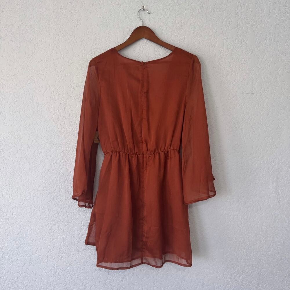 Akira Rust Red Orange Long Sleeve Faux Wrap Dress Size Large - Picture 2 of 5